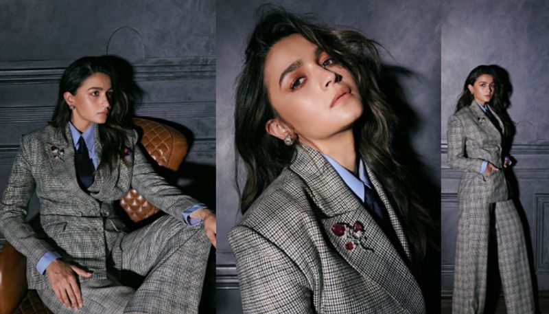 Alia Bhatt Grey Checkered Pantsuit azn 