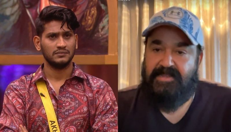 actor mohanlal against akhil marar in bigg boss malayalam season 5 nrn 