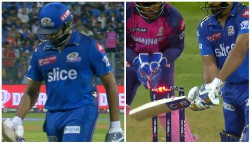 rohit sharma controversial dismissal against RR sanju samson under criticism btb