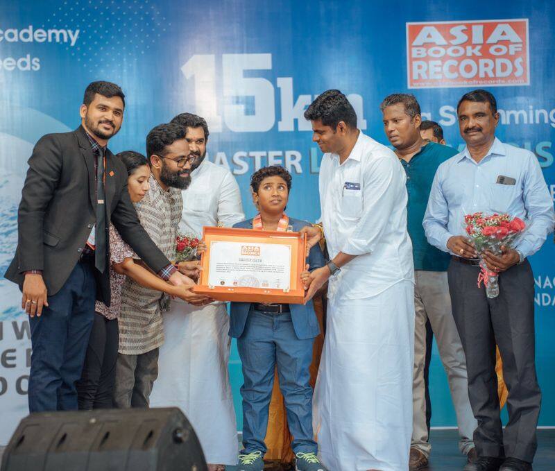 Annamalai congratulates Master Lakshay, who swam 15 KM in the open sea today near Marina Beach