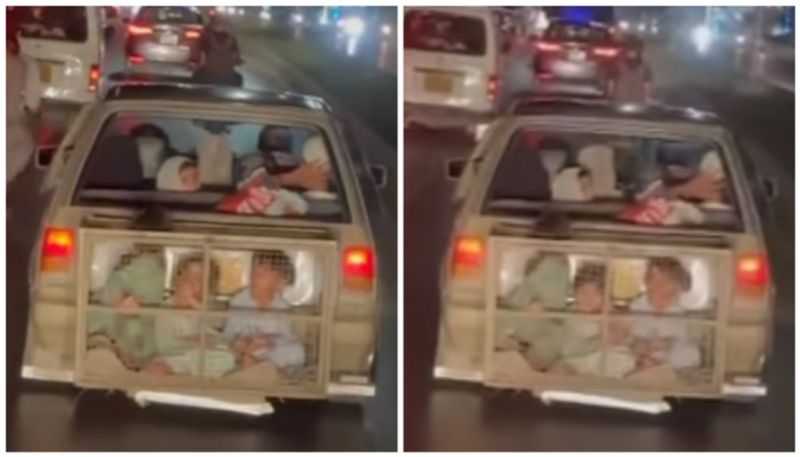 viral video of three children in a cage attached with car bkg 