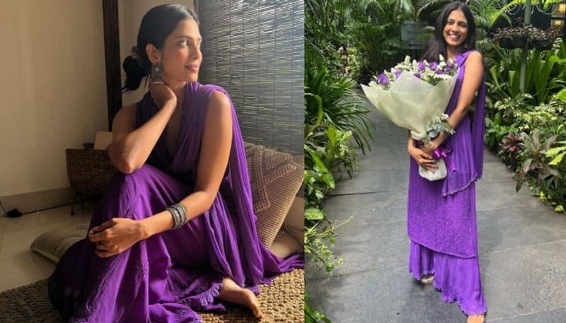 Actress Malavika Mohanan beautiful look in purple dress NSK