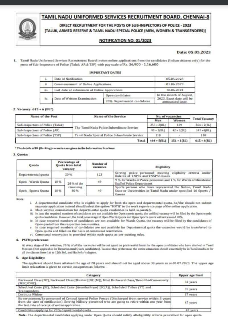 TNUSRB SI Recruitment 2023 Apply For 621 Posts at tnusrb.tn.gov.in