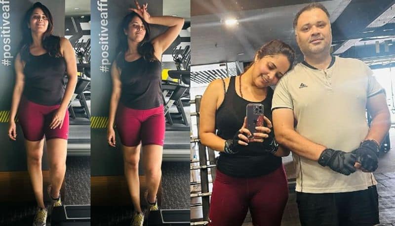 Anasuya stunning looks in gym wear with her Husband NSK