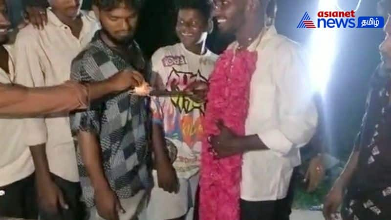 Young people celebrated their birthday by cutting a cake with a sickle!