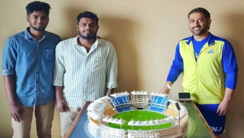 CSK Skipper MS Dhoni received a Chepauk Stadium Miniature as a gift from fans