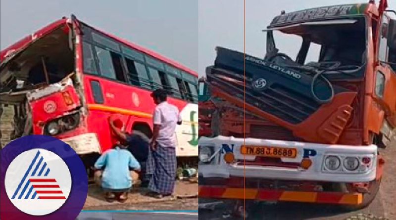 KSRTC bus-lorry collision 16 seriously injured accident at kurugoda bellary rav