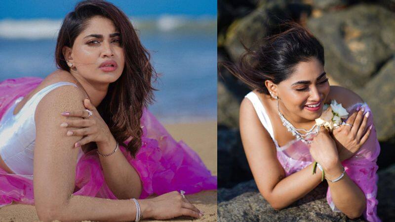 Actress Shivani Narayanan stunning seaside photoshoot in Pink saree