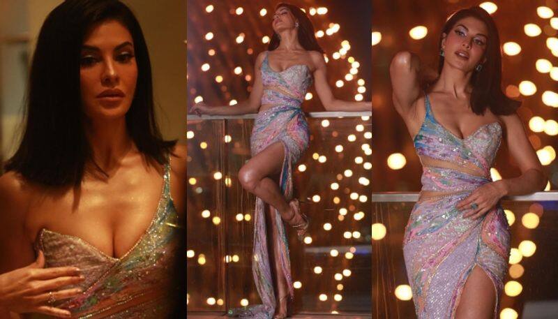 Jacqueline Fernandez red carpet in a multicoloured one-shoulder gown pic viral sgk