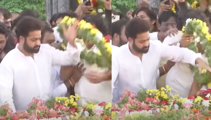 Jr NTR Struggles To Walk and Pay Respect at NTR Ghat As Fans Mob Him vvk