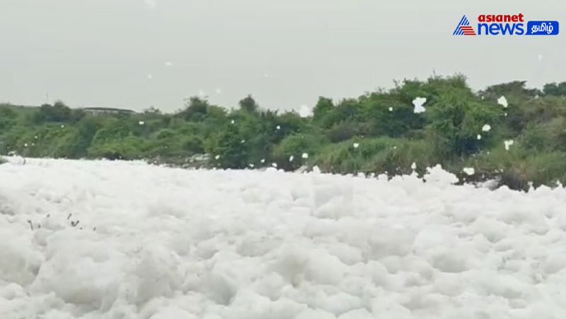 chemical Plant waste mixed in Tenpennai River - chemical foam floating in the river like ice!