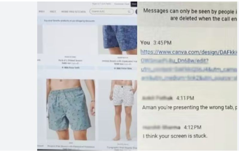 Man shares underwear shopping site at office online meeting