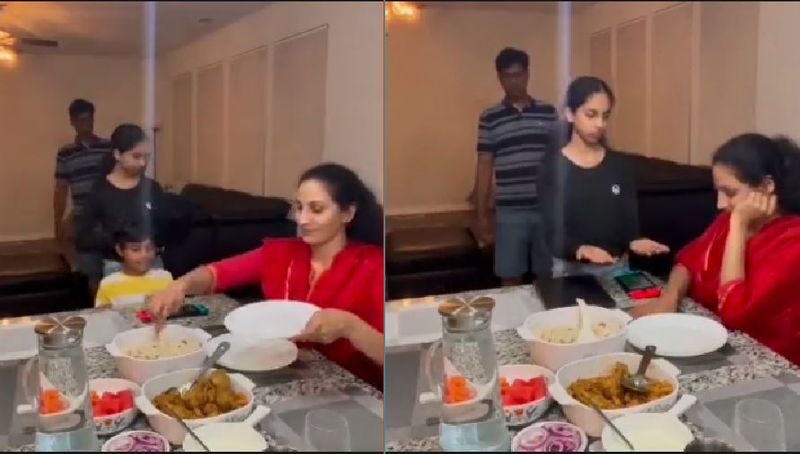 Father and children who were pressing mobile phones with a plate of rice in front of them: Look at mom what she did for them viral video