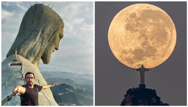 image of the statue of Christ the Redeemer holding a giant moon image in both hands has gone viral bkg 