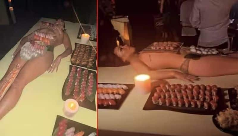 Kaney West celebrates 46th birthday serves Sushi platter on naked women vcs