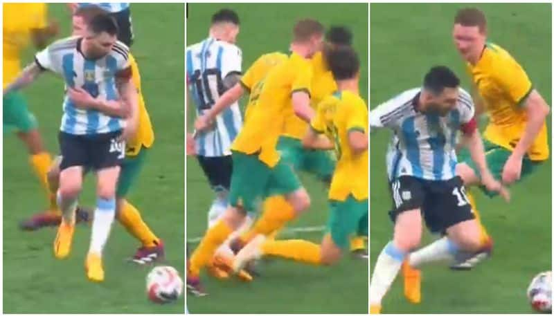 watch vidoe lionel messi dribble pass three australian players saa