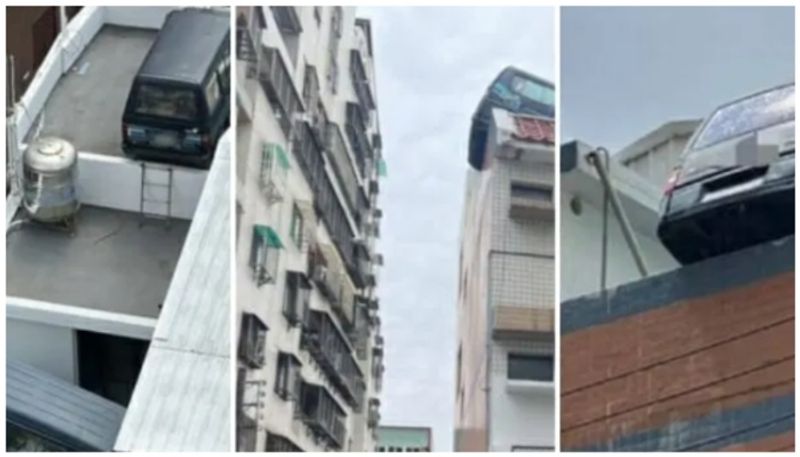 Taiwan man parks his vans on roof of his house to avoid parking fines prn