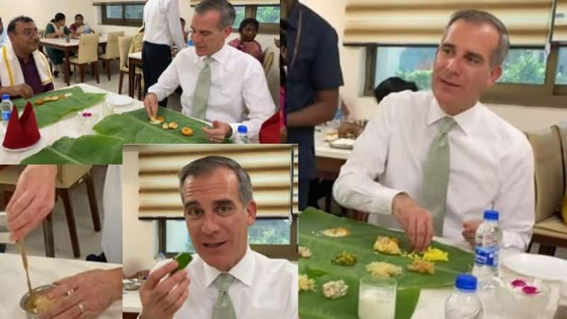 American Ambassador for India Garcetti impressed by South Indian Food, eating traditional Banana Leaf Meal Goes Viral akb