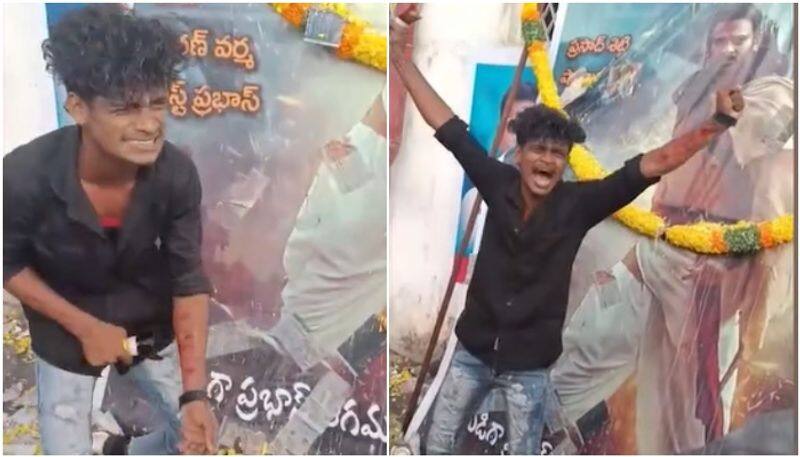 prabhas fan cutting his arm in front of adipurush posters shocking video viral sgk