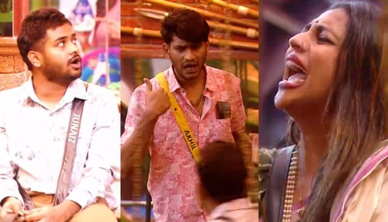 junaiz and sobha against akhil marar in bigg boss malayalam season 5 nrn 