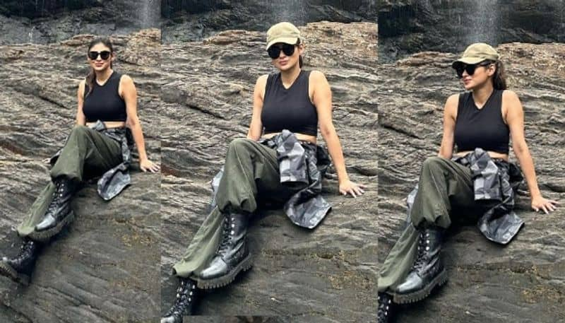 Actress Mouni Roy enjoying  waterfalls beautiful pics NSK