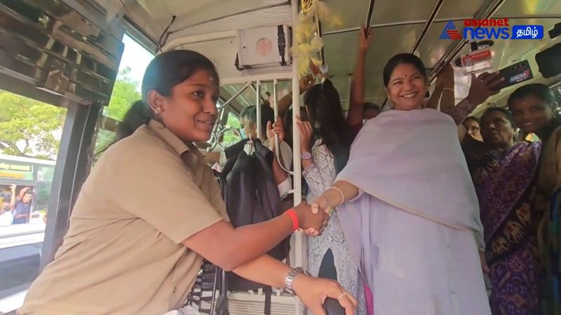 mp kanimozhi travelling a bus was driven by district first lady driver in coimbatore