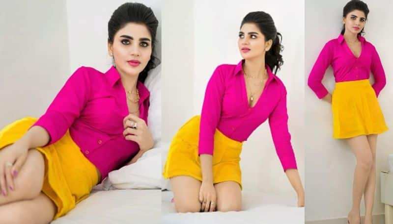 Jabardasth Varsha  Stunning Stills in mini colourful dress NSK