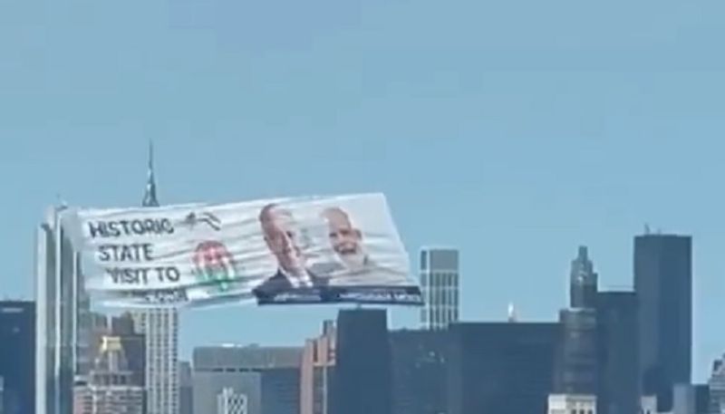 PM Modi's US Visit: Prime Minister Modi's massive banner flies high in New York sky Video AJR