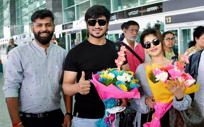 nikhil siddharth iswarya menon landed in bengaluru for the promotion of spy movie gvd