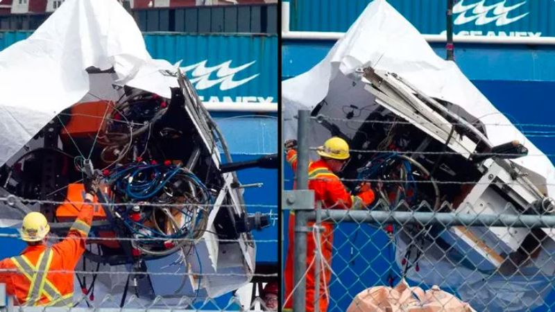 Titanic Submarine Disaster wreckage of titan submersible unloaded from US Coast Guard ship at the Canadian Coast Guard pier akb