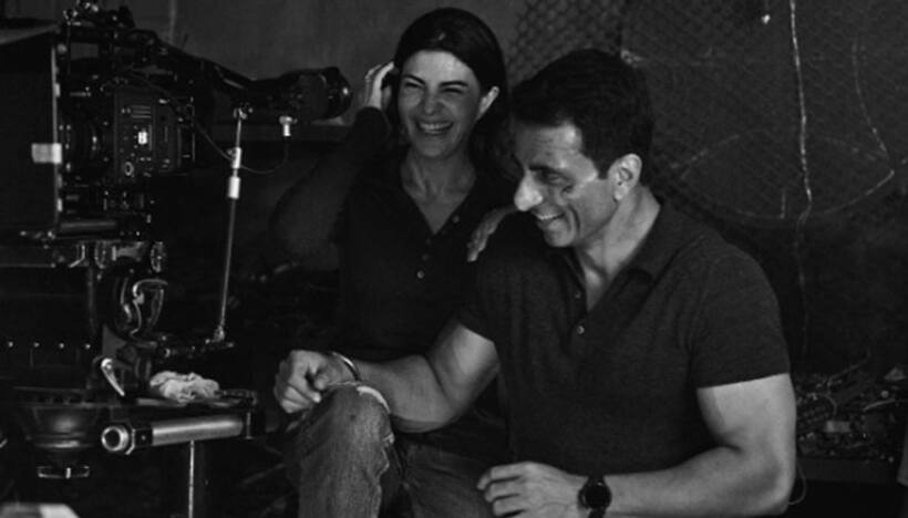 Jacqueline Fernandez shares a candid moment with Sonu Sood while shooting upcoming action thriller 'Fateh'