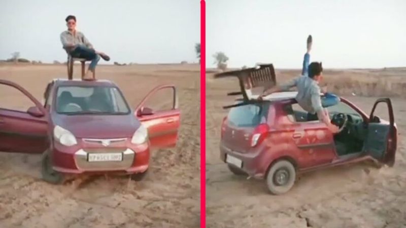 Viral video of a man sits on chair on roof of driverless Maruti Alto prn