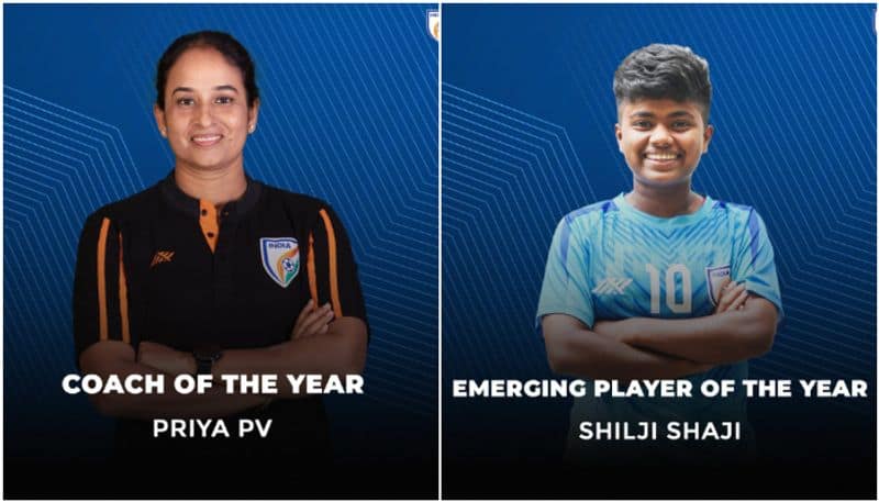 AIFF Awards 2023 Priya PV Best women coach of the year Shilji Shaji emerging player jje 