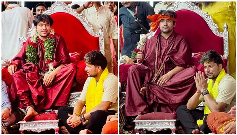 team India Cricketer Kuldeep Yadav at the feet of Dhirendra Shastri bageshwar dham Viral Image san