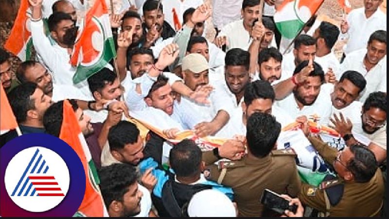 Rice politics congress protest in front of Union Minister Pralhad Joshis office at hubballi rav