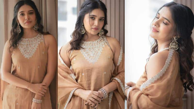 Vani Bhojan twinning in golden chudi for love movie trailer launch photos viral