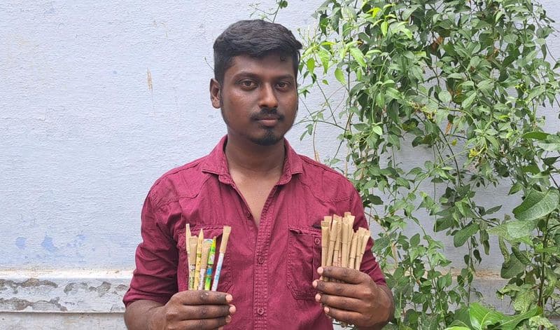 a young man manufacturing a seed pen in dindigul district