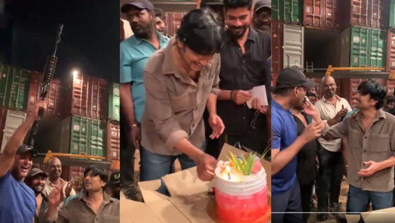 Dummy gun firing in SJ Suryah birthday celebration at mark antony movie set