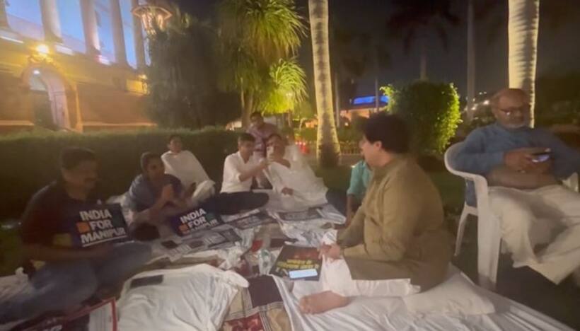 Opposition stages overnight sit in protest over Manipur issue, suspension of AAP MP Sanjay Singh