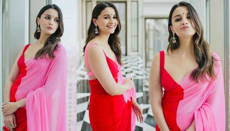 Bollywood Actress Alia Bhatt Looks beautiful in Red and Pink Saree NSK