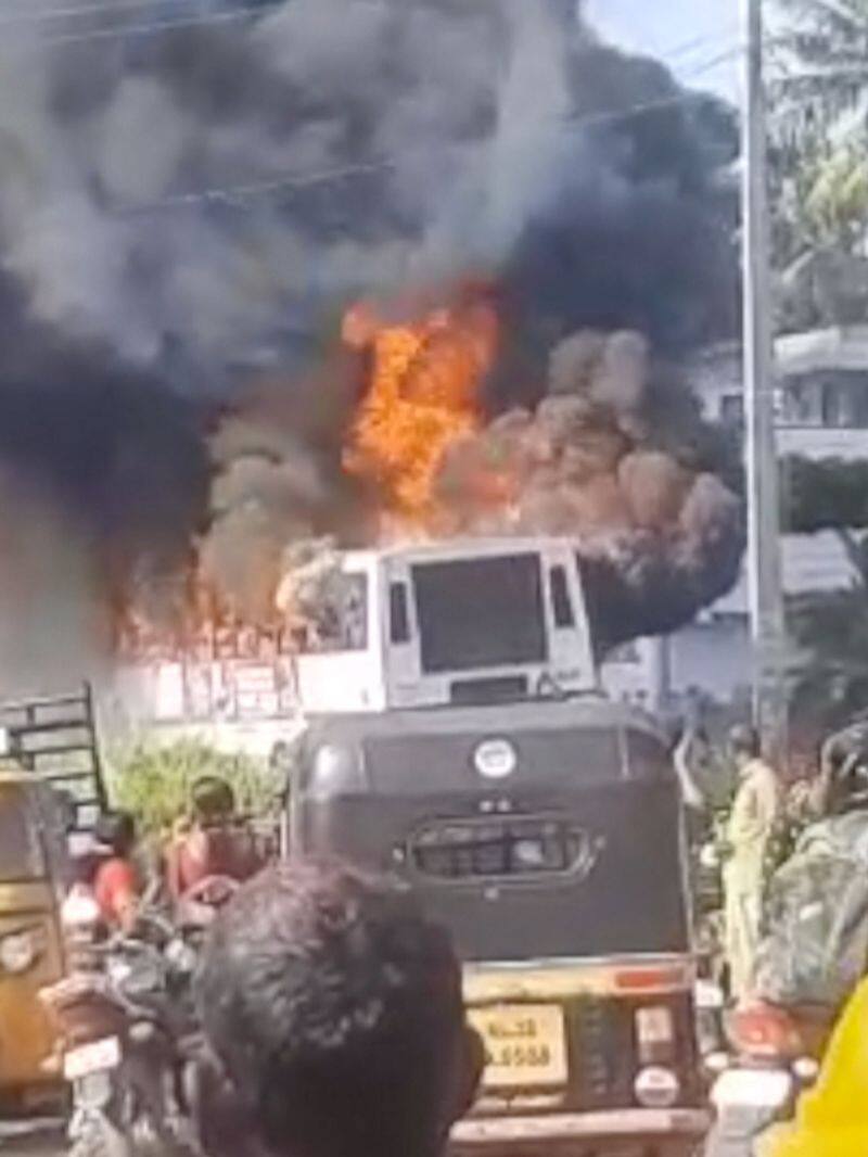 KSRTC bus catches fire in main road passengers safe etj