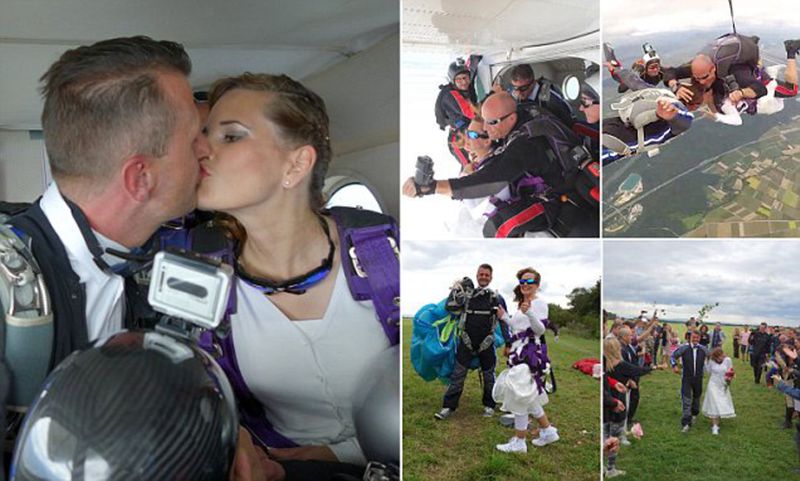 Newly Married Couple Celebrate Wedding By Skydiving Off High Cliff Along With Guests Vin