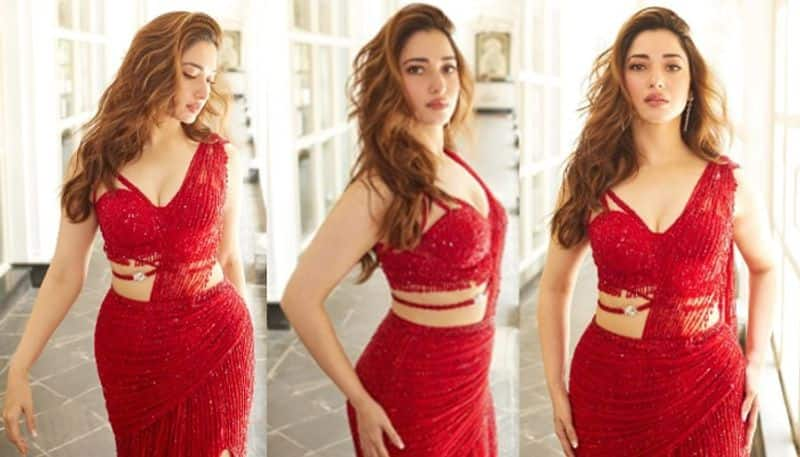 Actress Tamannaah Bhatia mind blowing stills in red outfit NSK