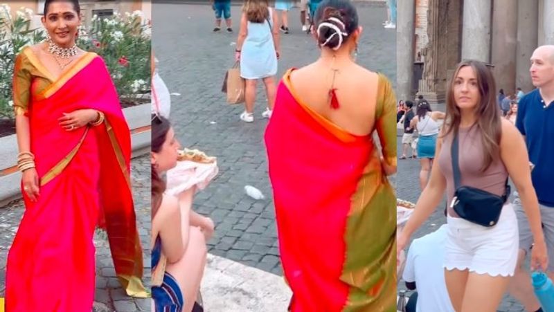 indian woman fires street of the Rome by wearing saree video goes viral akb