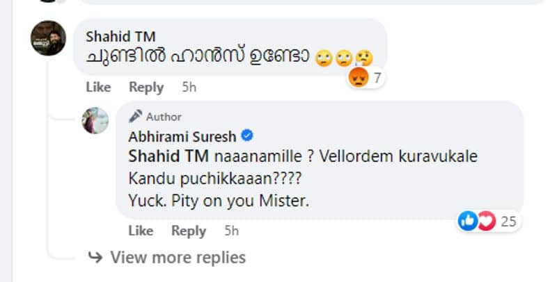 abhirami suresh react bad comment on her post nrn