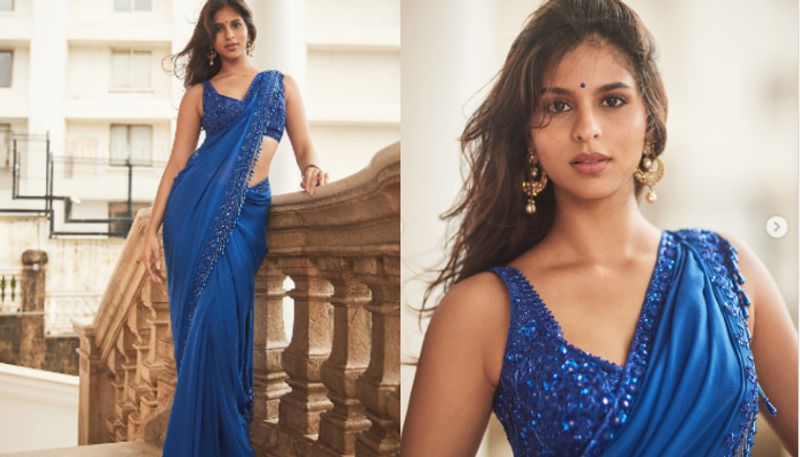 Suhana Khan Embraces in blue Arpita Mehta Sequin Saree azn 