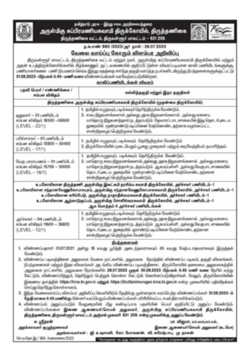 TNHRCE Arulmigu Tiruttani Murugan Temple Recruitment 2023