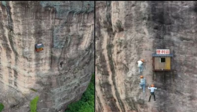 photo of a store in china is located at 393 feet on the side of a cliff going viral hyp