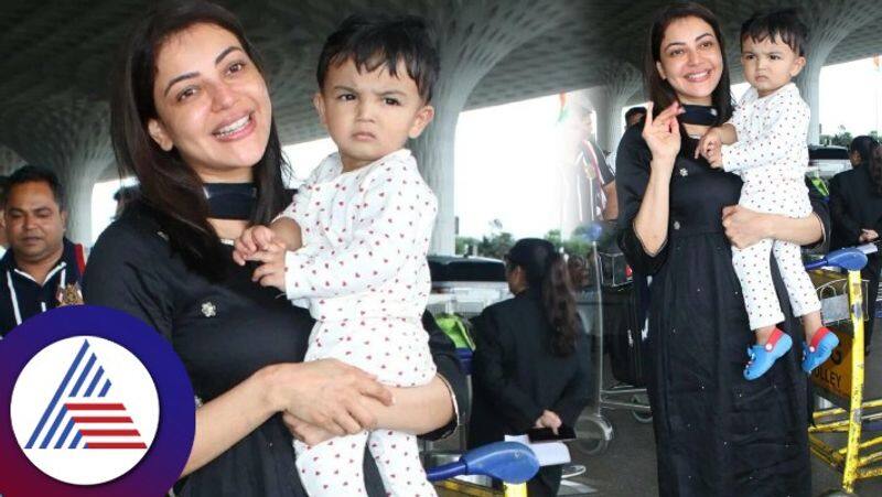 Kajal Aggarwal with son Neil Kitchlu spotted in Mumbai airport vcs 