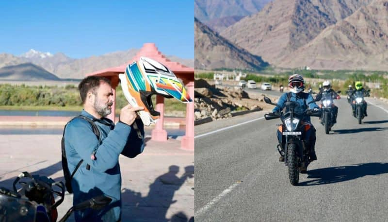 Congress leader Rahul Gandhi rides KTM 390 Adventure to mountains of Ladakh etj